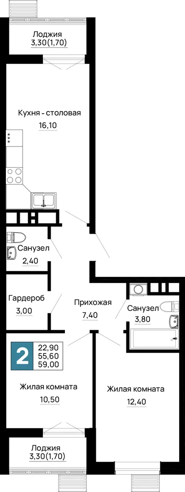 2-комн. 59 м²