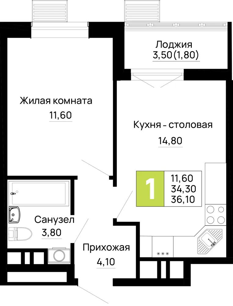 1-комн. 36.1 м²