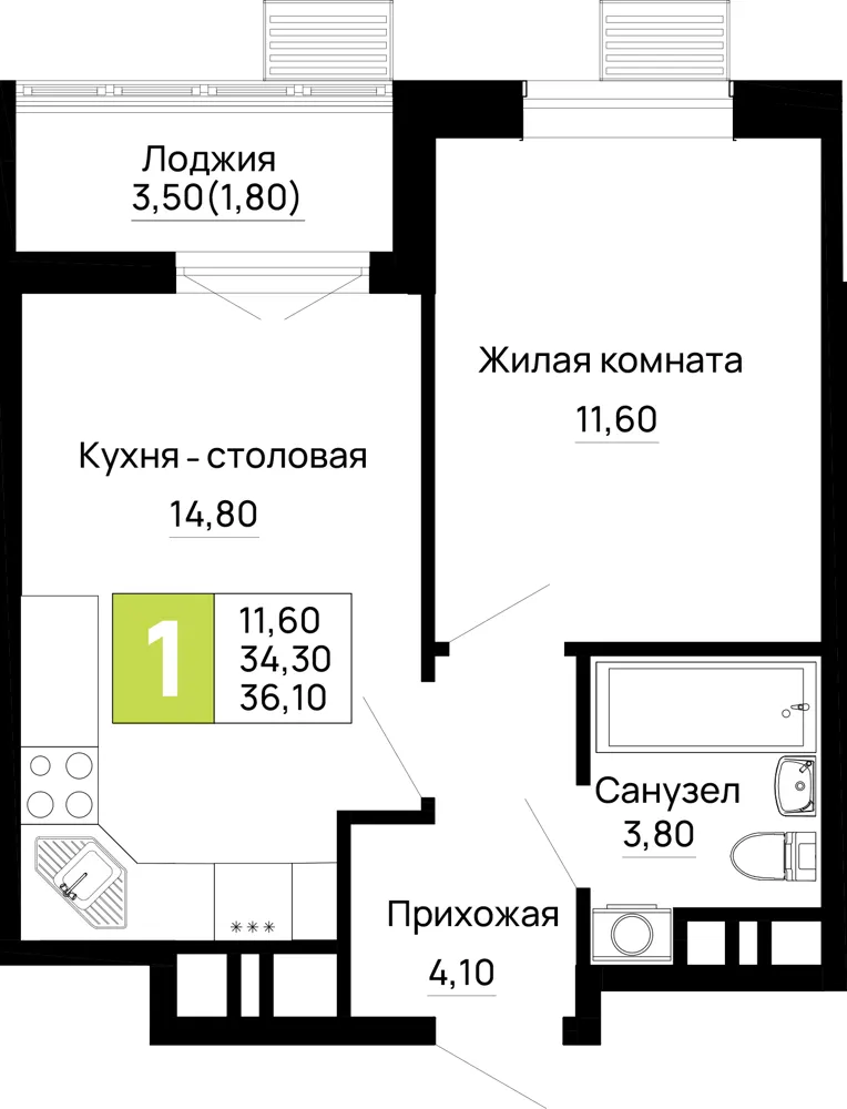 1-комн. 36.1 м²