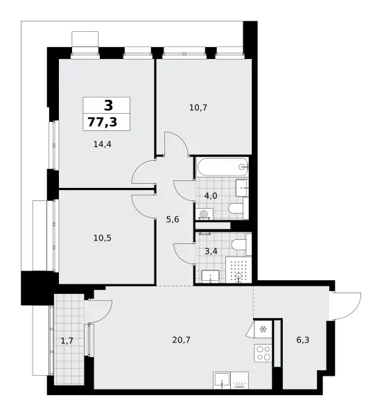 3-комн. 77.3 м²