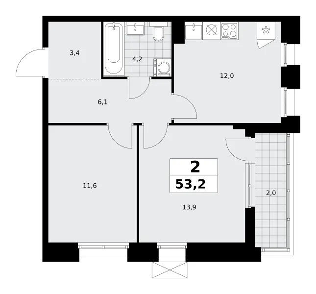 2-комн. 53.2 м²