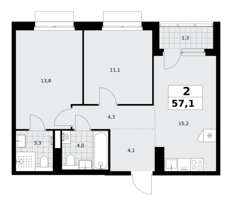2-комн. 57.1 м²