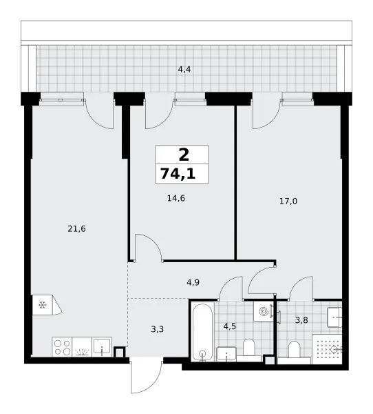 2-комн. 74.1 м²