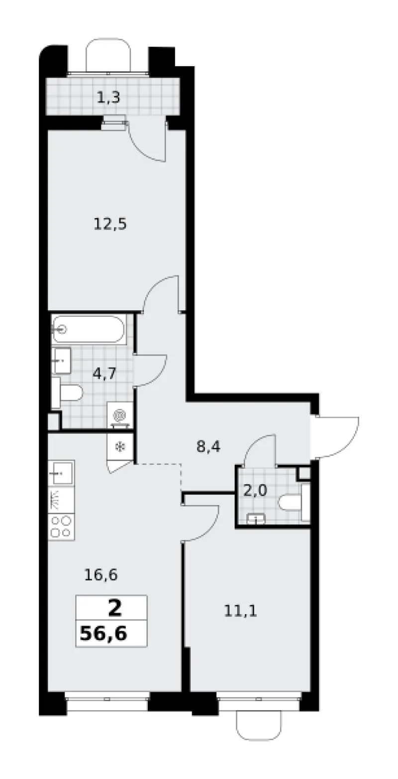 2-комн. 56.6 м²