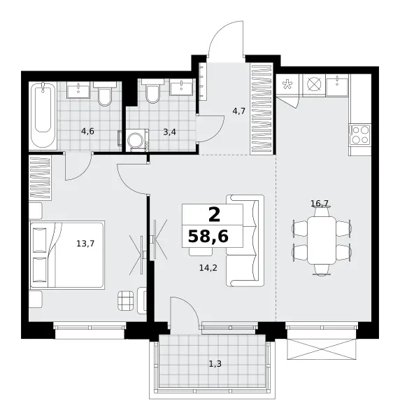 2-комн. 58.6 м²
