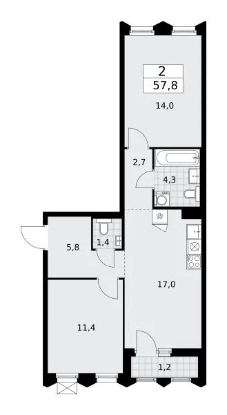 2-комн. 57.8 м²