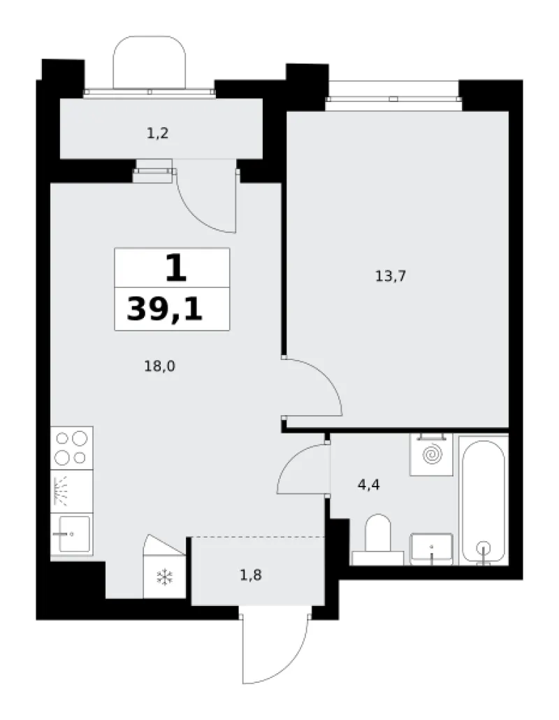 1-комн. 39.1 м²