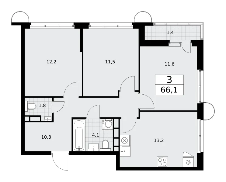 3-комн. 66.1 м²