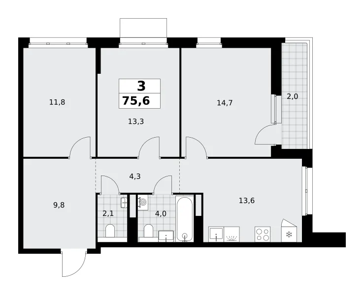 3-комн. 75.6 м²