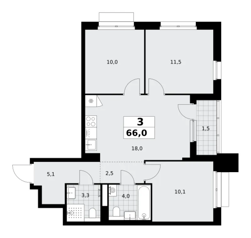 3-комн. 66 м²