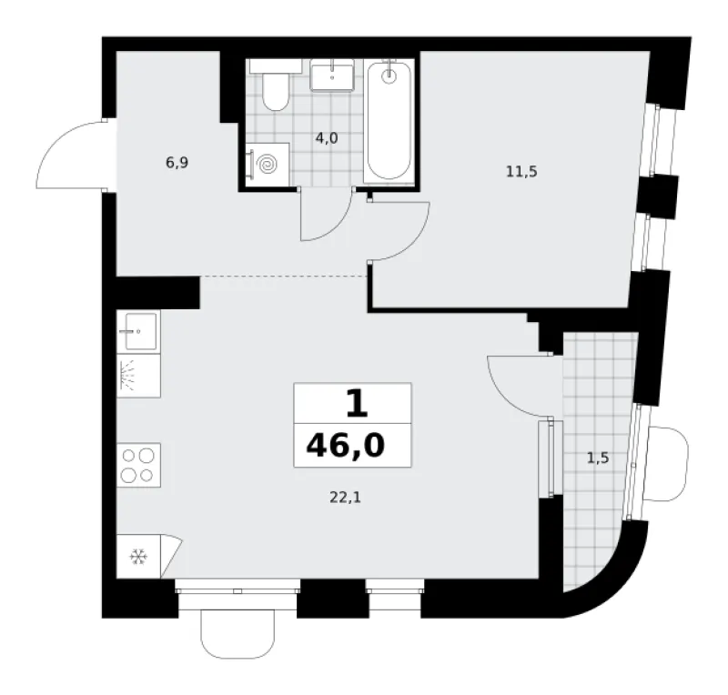 1-комн. 46 м²