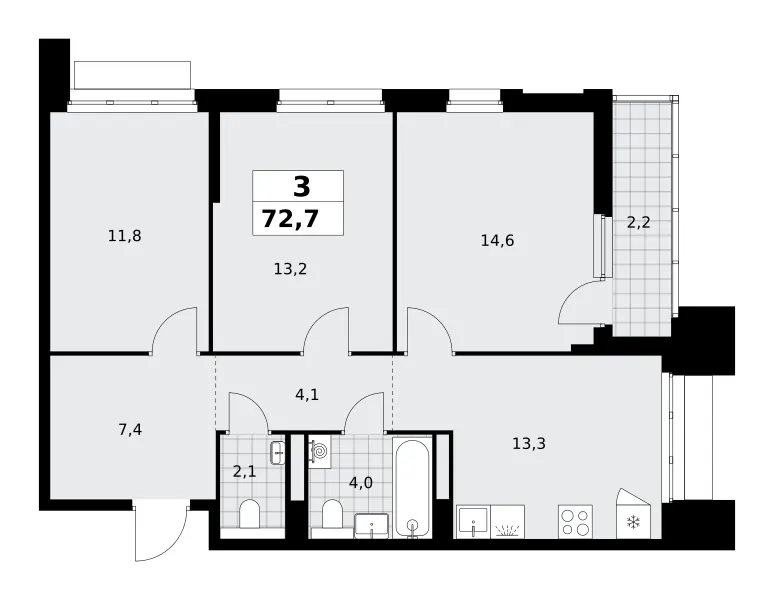 3-комн. 72.7 м²