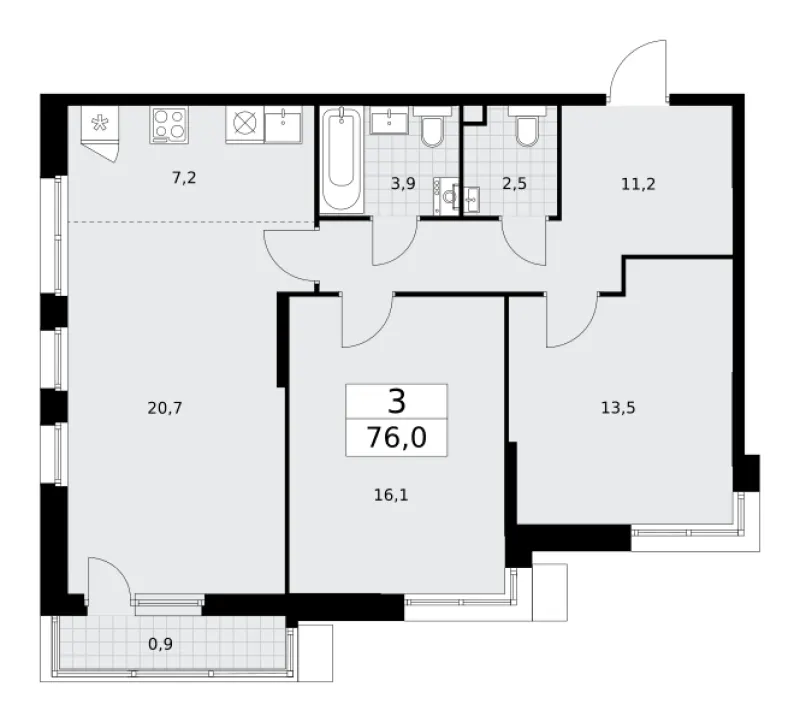 3-комн. 76 м²