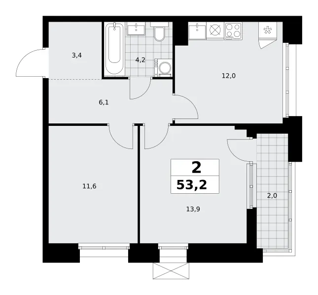 2-комн. 53.2 м²