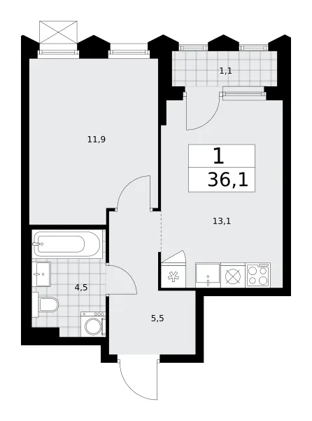 1-комн. 36.1 м²
