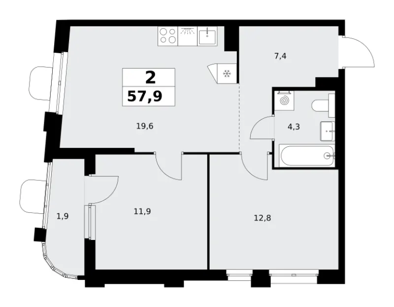 2-комн. 57.9 м²