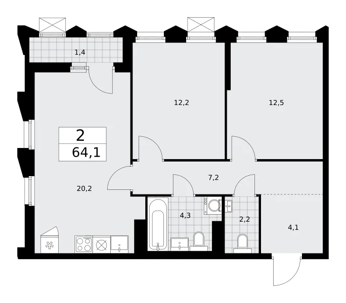2-комн. 64.1 м²
