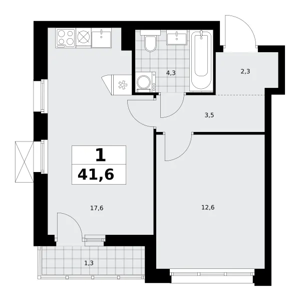 1-комн. 41.6 м²