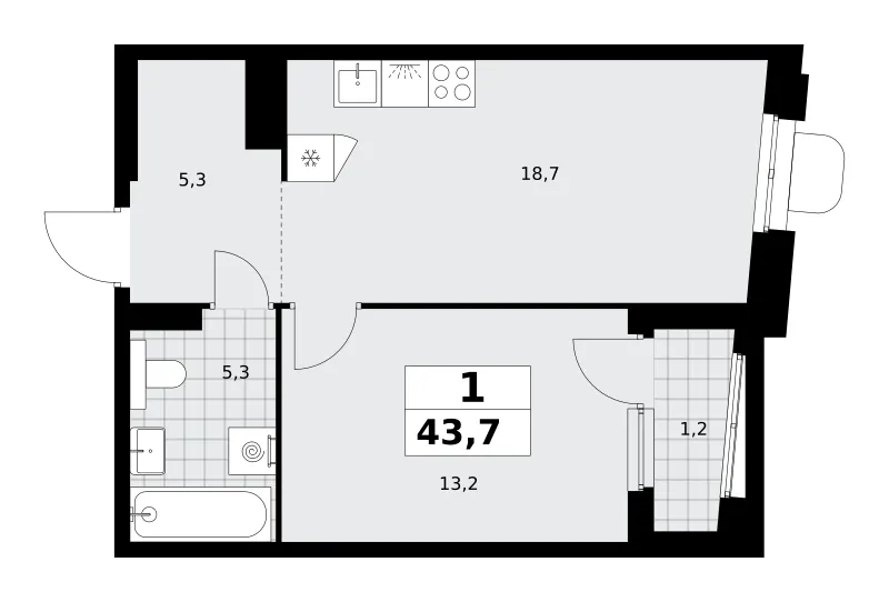 1-комн. 43.7 м²