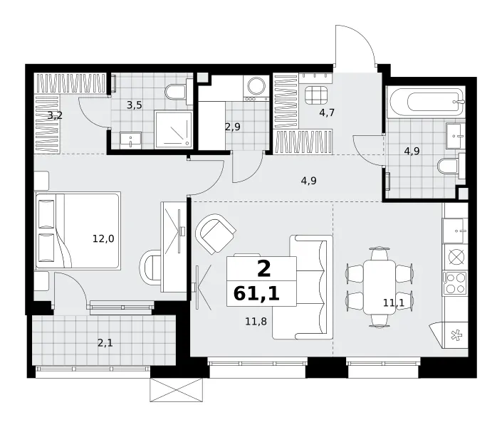 2-комн. 61.1 м²