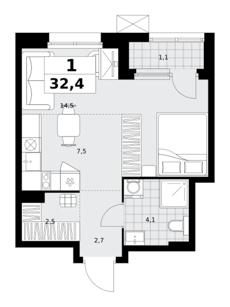 Студия 32.4 м²