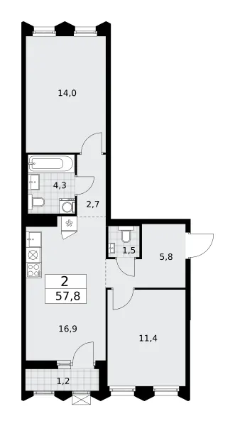 2-комн. 57.8 м²