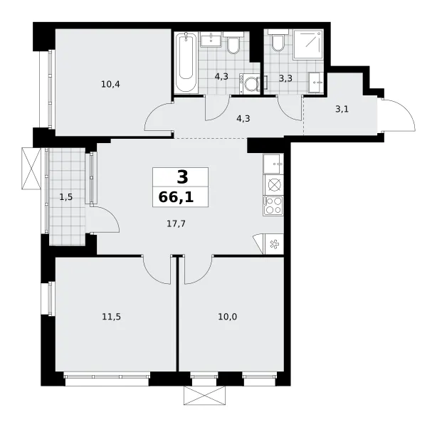 3-комн. 66,1 м²