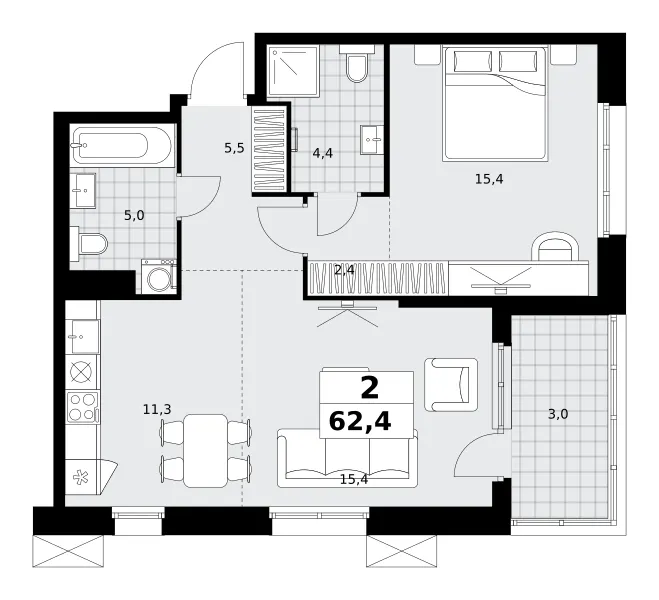 2-комн. 62,4 м²