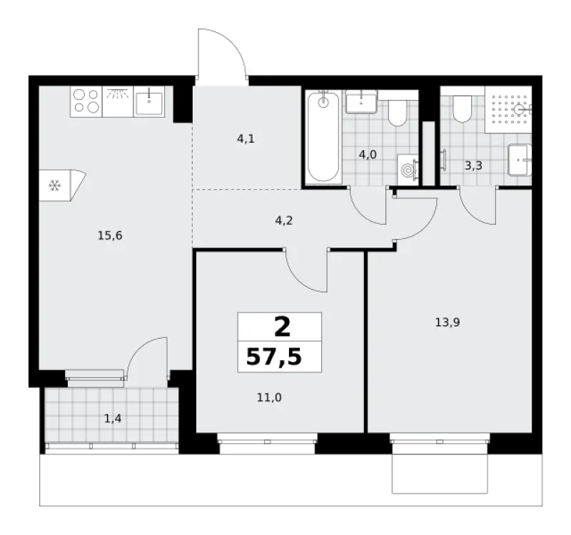 2-комн. 57.5 м²