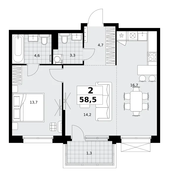 2-комн. 58.5 м²