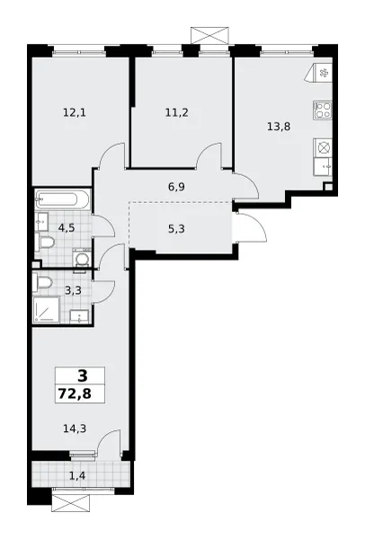 3-комн. 72.8 м²