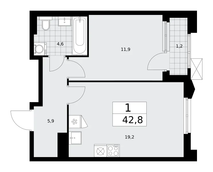 1-комн. 42.8 м²