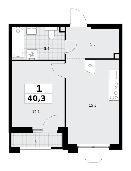 1-комн. 40.3 м²