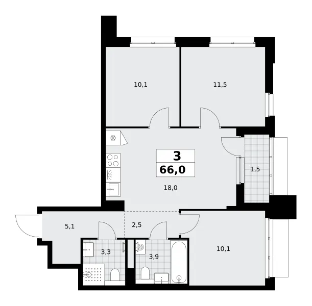 3-комн. 66 м²