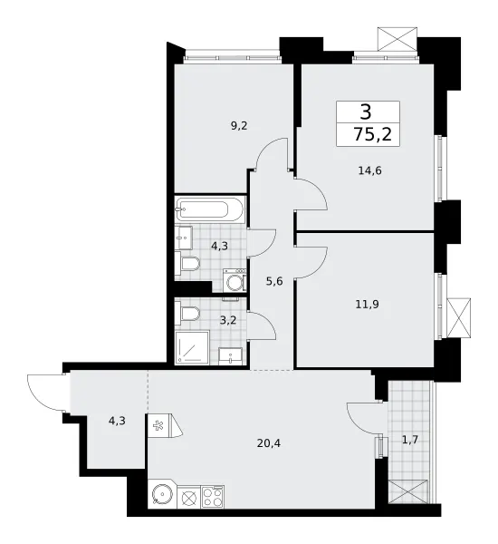 3-комн. 75.2 м²