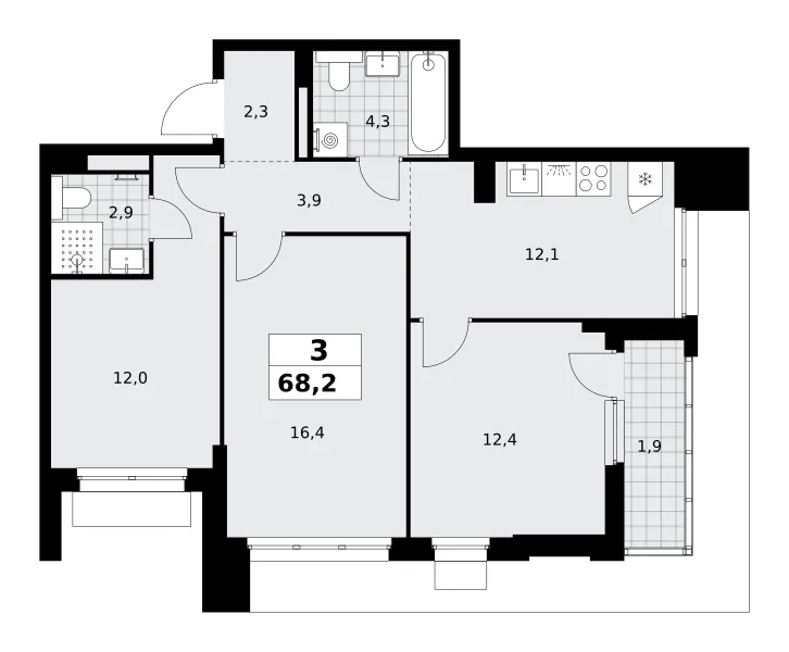 3-комн. 68.2 м²