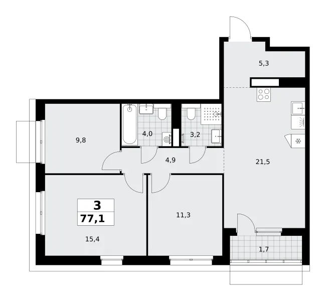 3-комн. 77.1 м²