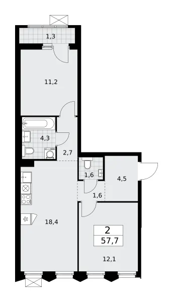 2-комн. 57.7 м²