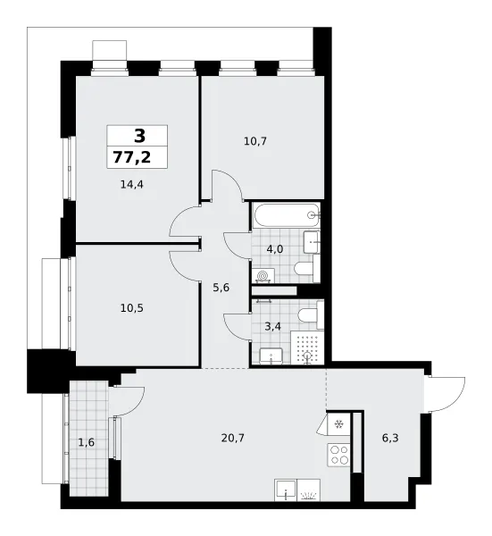 3-комн. 77.2 м²