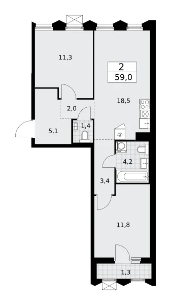 2-комн. 59 м²