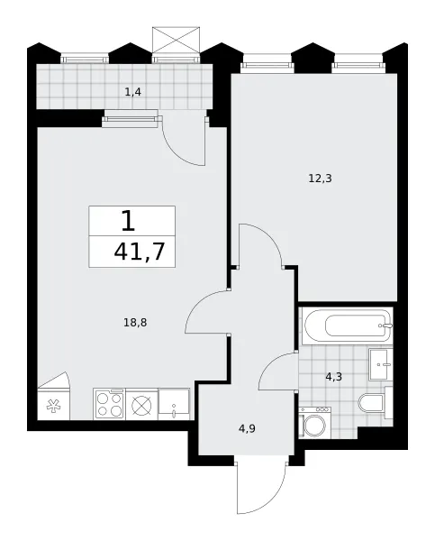 1-комн. 41.7 м²