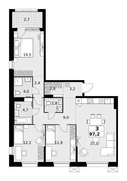 3-комн. 97.2 м²