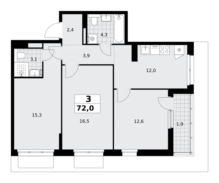 3-комн. 72 м²