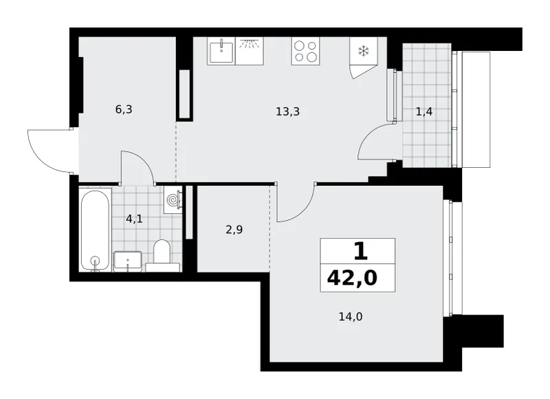 1-комн. 42 м²