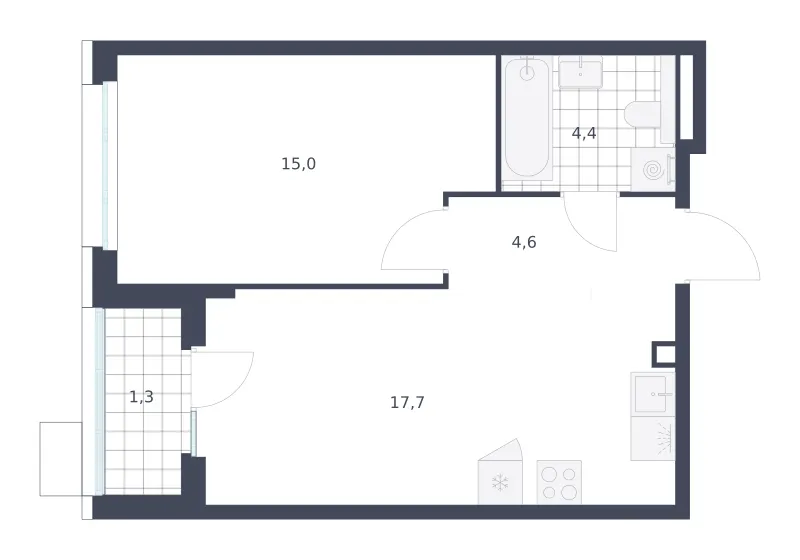 1-комн. 43 м²
