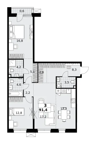 3-комн. 91.4 м²