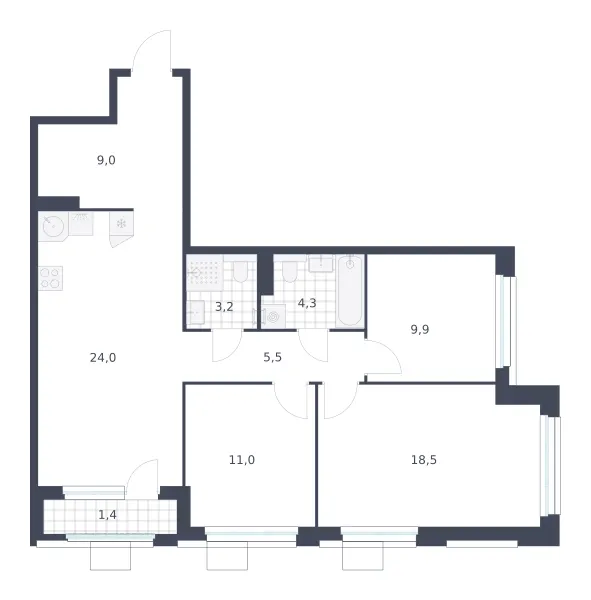 3-комн. 86.8 м²
