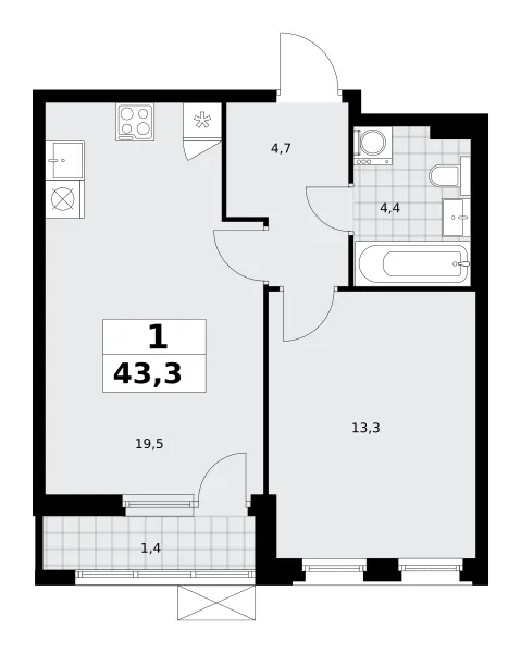 1-комн. 43.3 м²
