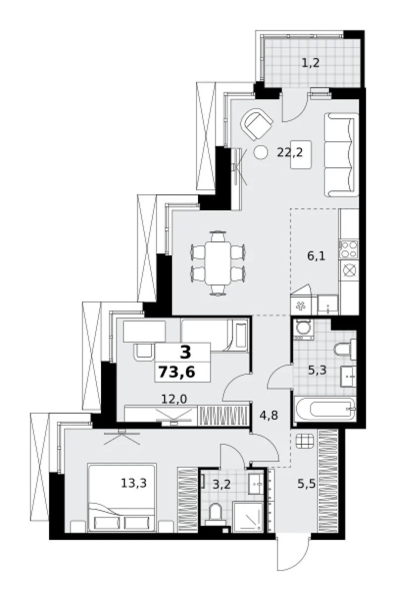 3-комн. 73.6 м²