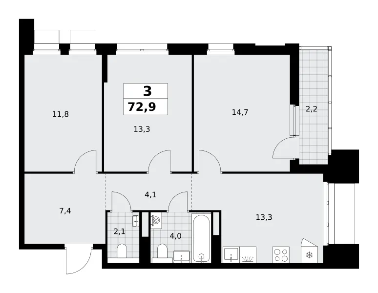 3-комн. 72.9 м²